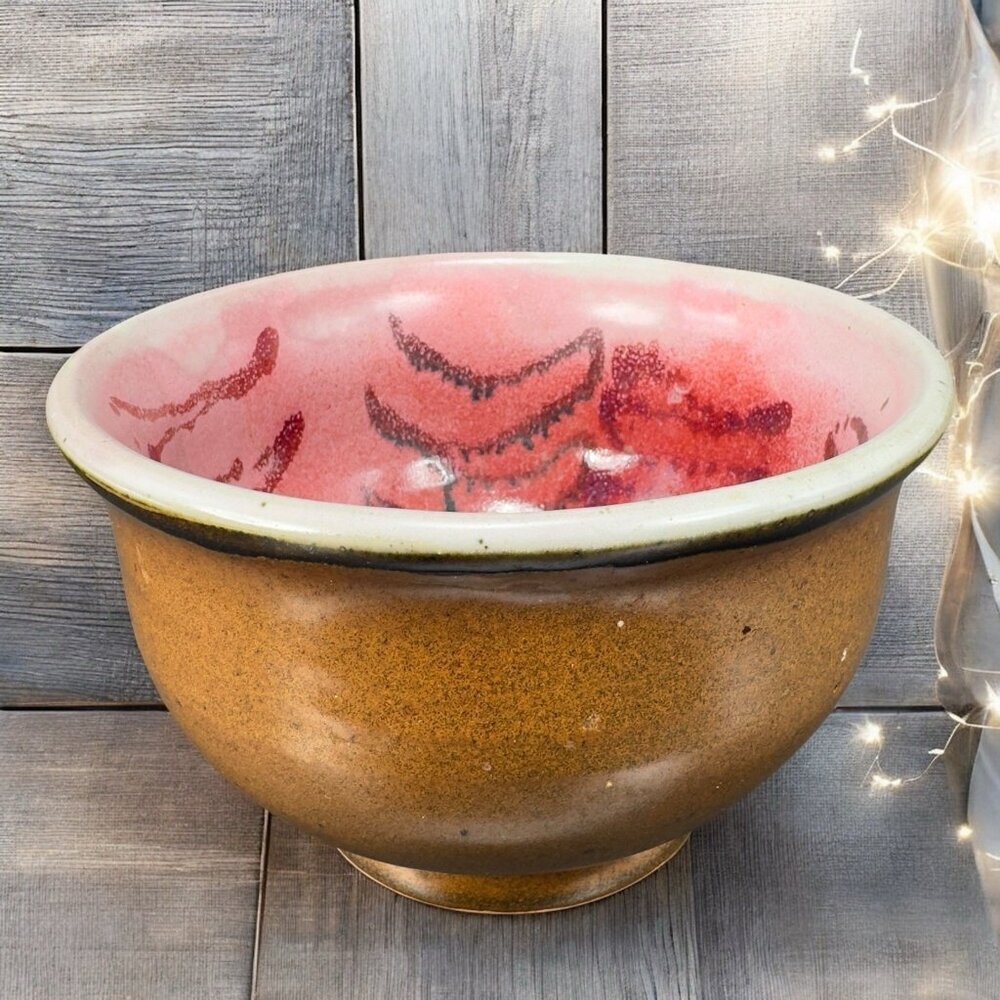 Vintage 1980s Hand Made Stoneware Pottery Footed Dish‎ Bowl Artist Signed Heavy